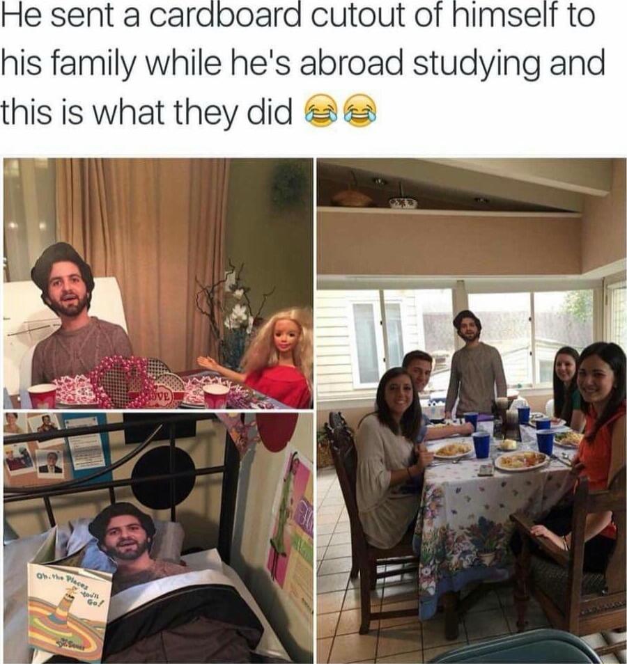 He sent a cara his family while hes abroad studying and his is what they did