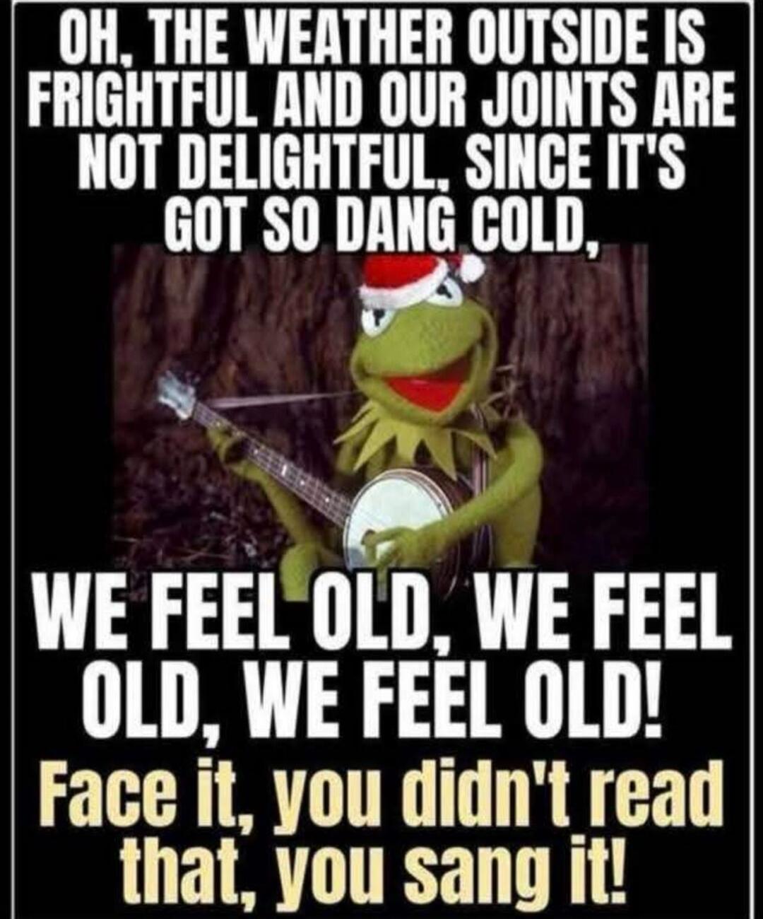 OH, THE WEATHER OUTSIDE IS FRIGHTFUL AND OUR JOINTS ARE NOT DELIGHTFUL, SINCE IT'S GOT SO DANG COLD, WE FEEL OLD, WE FEEL OLD, WE FEEL OLD! Face it, you didn't read that, you sang it!