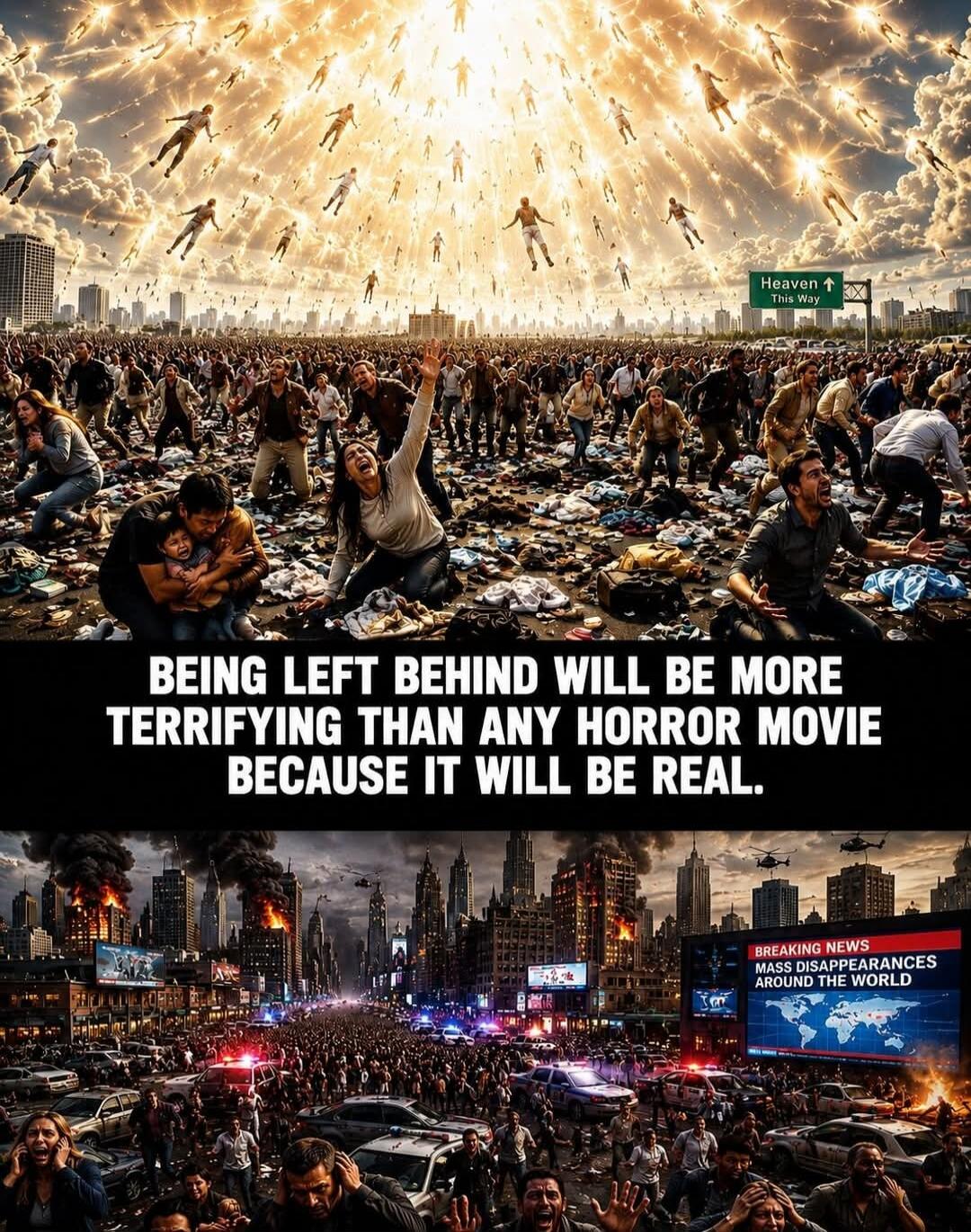 Heaven This Way. BEING LEFT BEHIND WILL BE MORE TERRIFYING THAN ANY HORROR MOVIE BECAUSE IT WILL BE REAL. BREAKING NEWS MASS DISAPPEARANCES AROUND THE WORLD