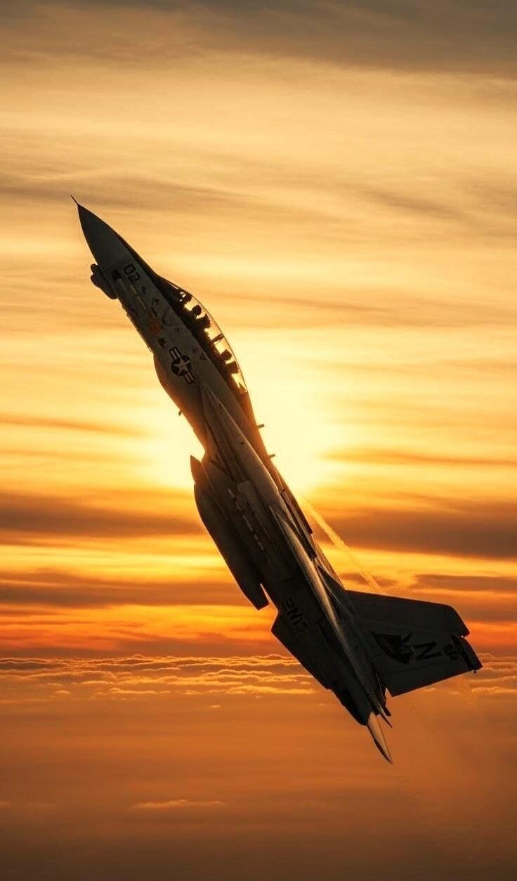 Silhouette of a rocket or fighter jet ascending against a golden sunset.