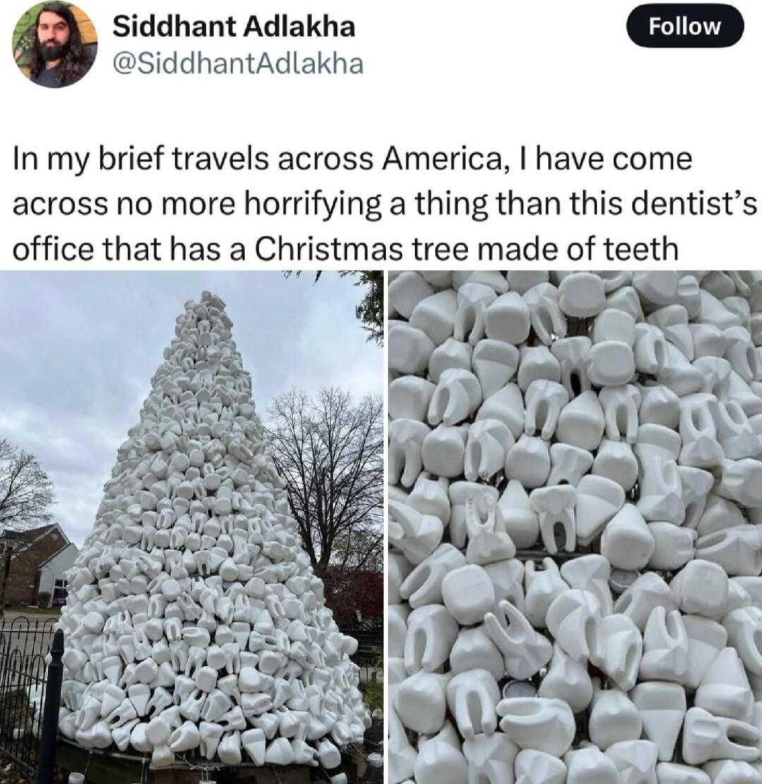 Siddhant Adlakha SiddhantAdlakha In my brief travels across America have come across no more horrifying a thing than this dentists office that has a Christmas tree made of teeth Bl 0 1S e