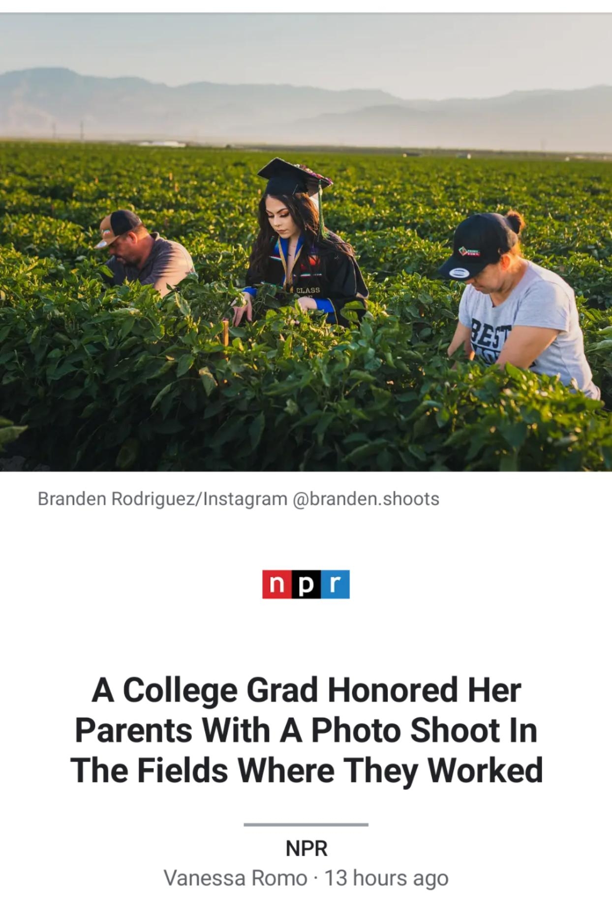 Branden RodriguezInstagram brandenshoots A College Grad Honored Her Parents With A Photo Shoot In The Fields Where They Worked NPR Vanessa Romo 13 hours ago