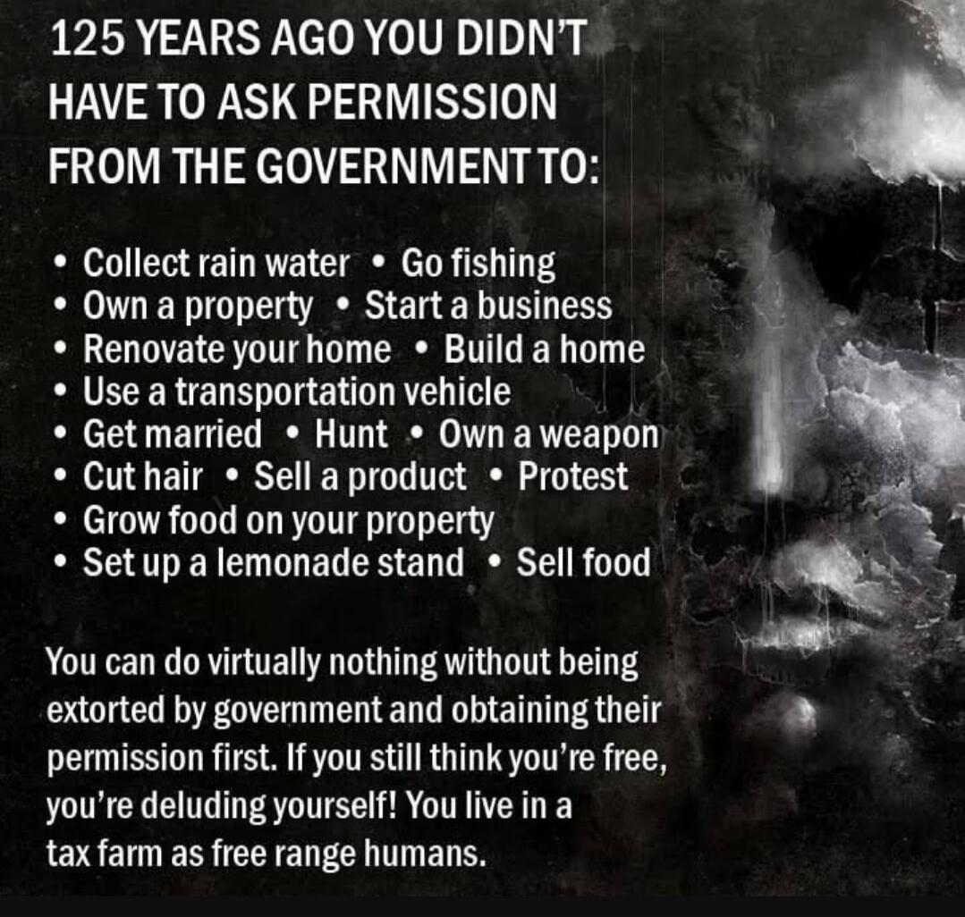 125 YEARS AGO YOU DIDN'T HAVE TO ASK PERMISSION FROM THE GOVERNMENT TO: Collect rain water, Go fishing, Own a property, Start a business, Renovate your home, Build a home, Use a transportation vehicle, Get married, Hunt, Own a weapon, Cut hair, Sell a product, Protest, Grow food on your property, Set up a lemonade stand, Sell food. You can do virtu