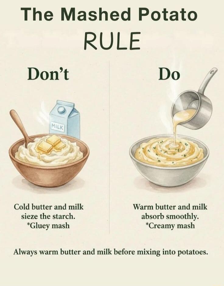 The Mashed Potato RULE
Don't					Do
Cold butter and milk seize the starch. *Gluey mash	Warm butter and milk absorb smoothly. *Creamy mash
Always warm butter and milk before mixing into potatoes.
