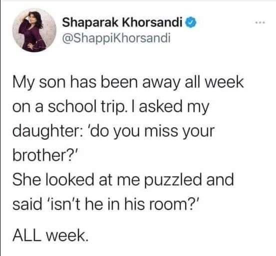 Shaparak Khorsandi Shappikhorsandi My son has been away all week on a school trip asked my daughter do you miss your brother She looked at me puzzled and said isnt he in his room ALL week