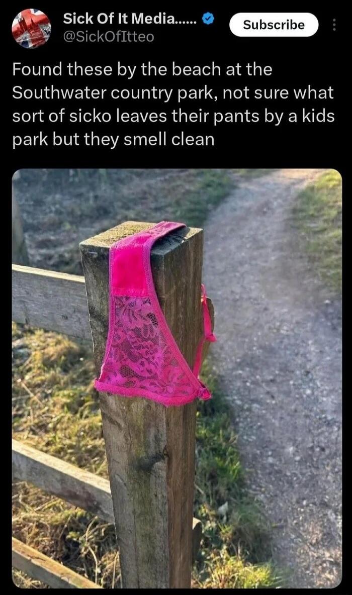 Found these by the beach at the Southwater country park, not sure what sort of sicko leaves their pants by a kids park but they smell clean