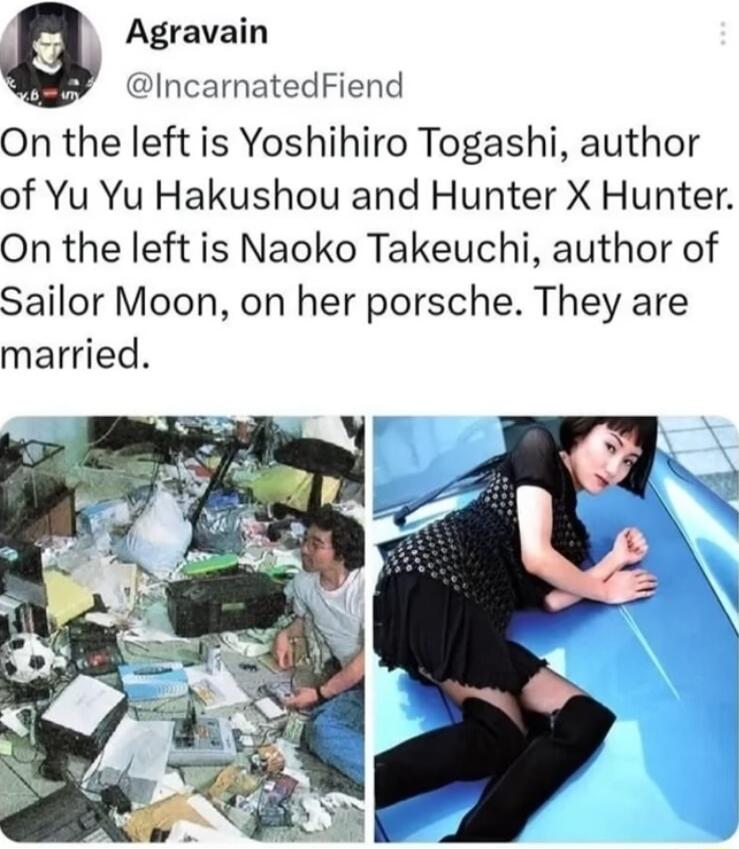 Agravain IncarnatedFiend On the left is Yoshihiro Togashi author of Yu Yu Hakushou and Hunter X Hunter On the left is Naoko Takeuchi author of Sailor Moon on her porsche They are married