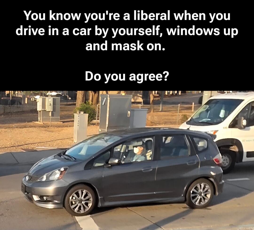 You know you're a liberal when you drive in a car by yourself, windows up and mask on. Do you agree?