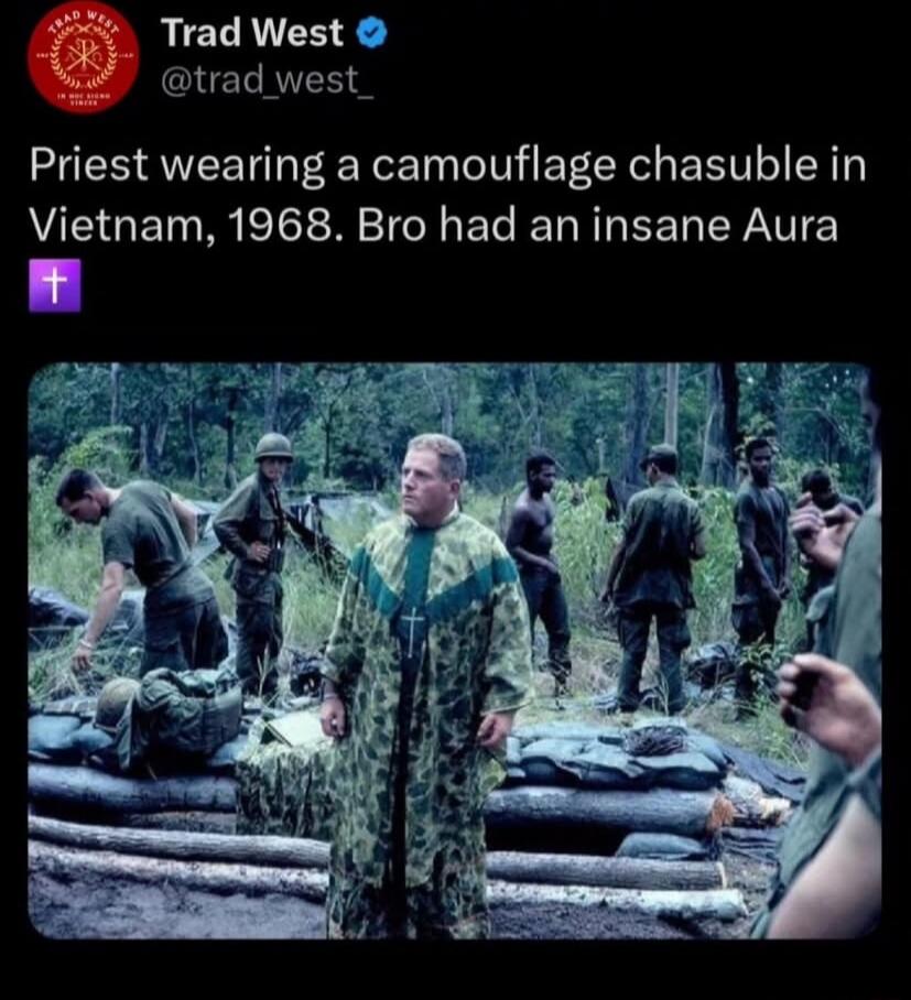 Priest wearing a camouflage chasuble in Vietnam, 1968. Bro had an insane Aura 💜