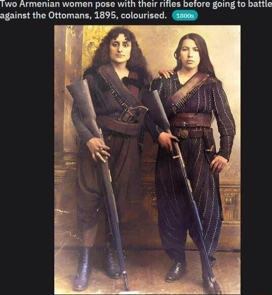 Iwo Armenian women pose with their rifies before going to battle against the Ottomans 1895 colourised i