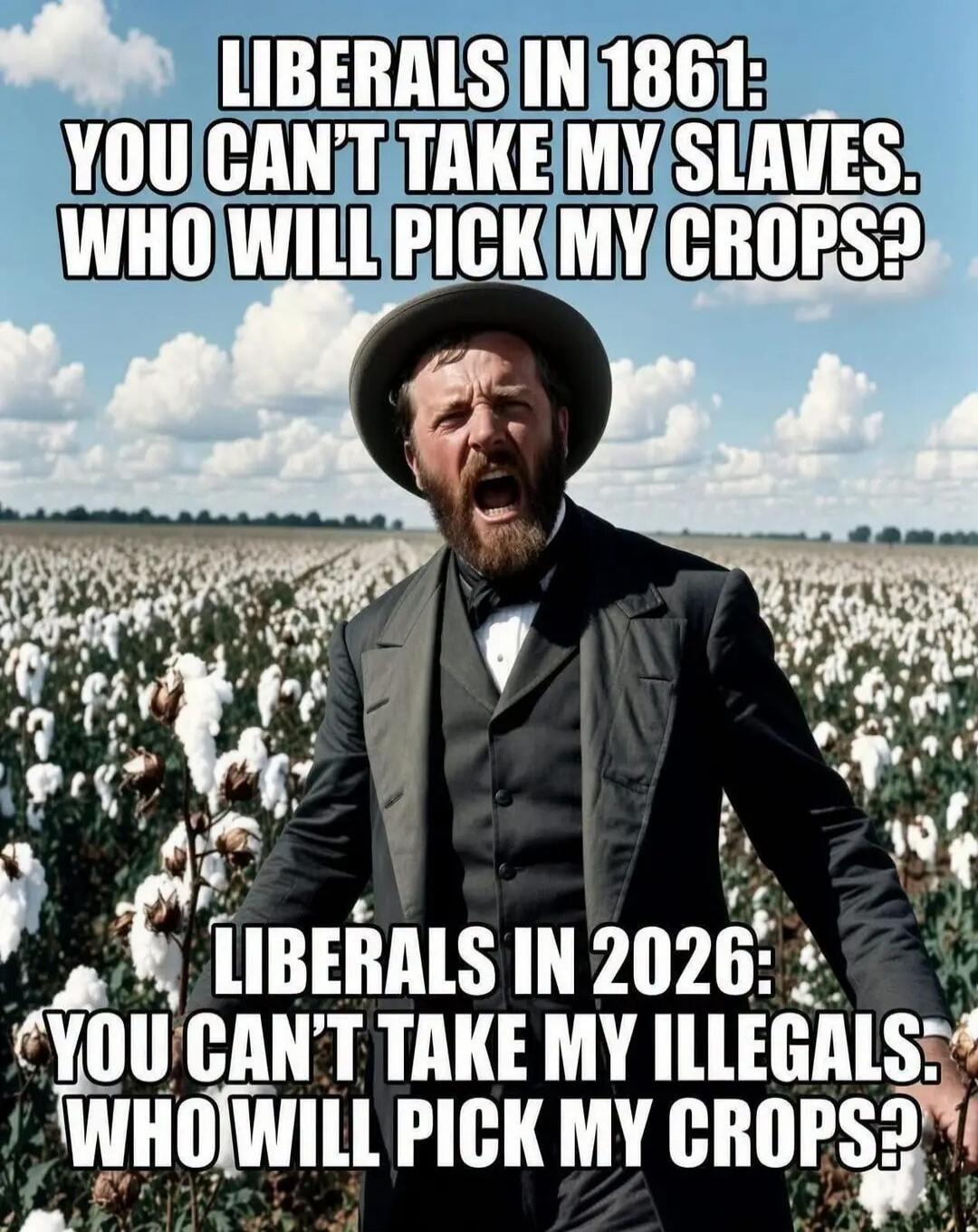 LIBERALS IN 1861: YOU CAN'T TAKE MY SLAVES. WHO WILL PICK MY CROPS? LIBERALS IN 2026: YOU CAN'T TAKE MY ILLEGALS: WHO WILL PICK MY CROPS?