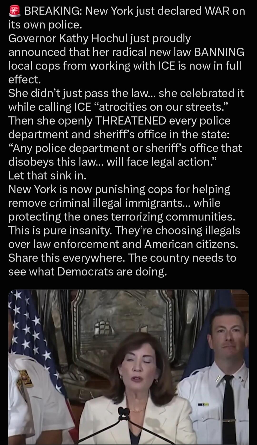 BREAKING: New York just declared WAR on its own police. Governor Kathy Hochul just proudly announced that her radical new law BANNING local cops from working with ICE is now in full effect. She didn't just pass the law... she celebrated it while calling ICE 