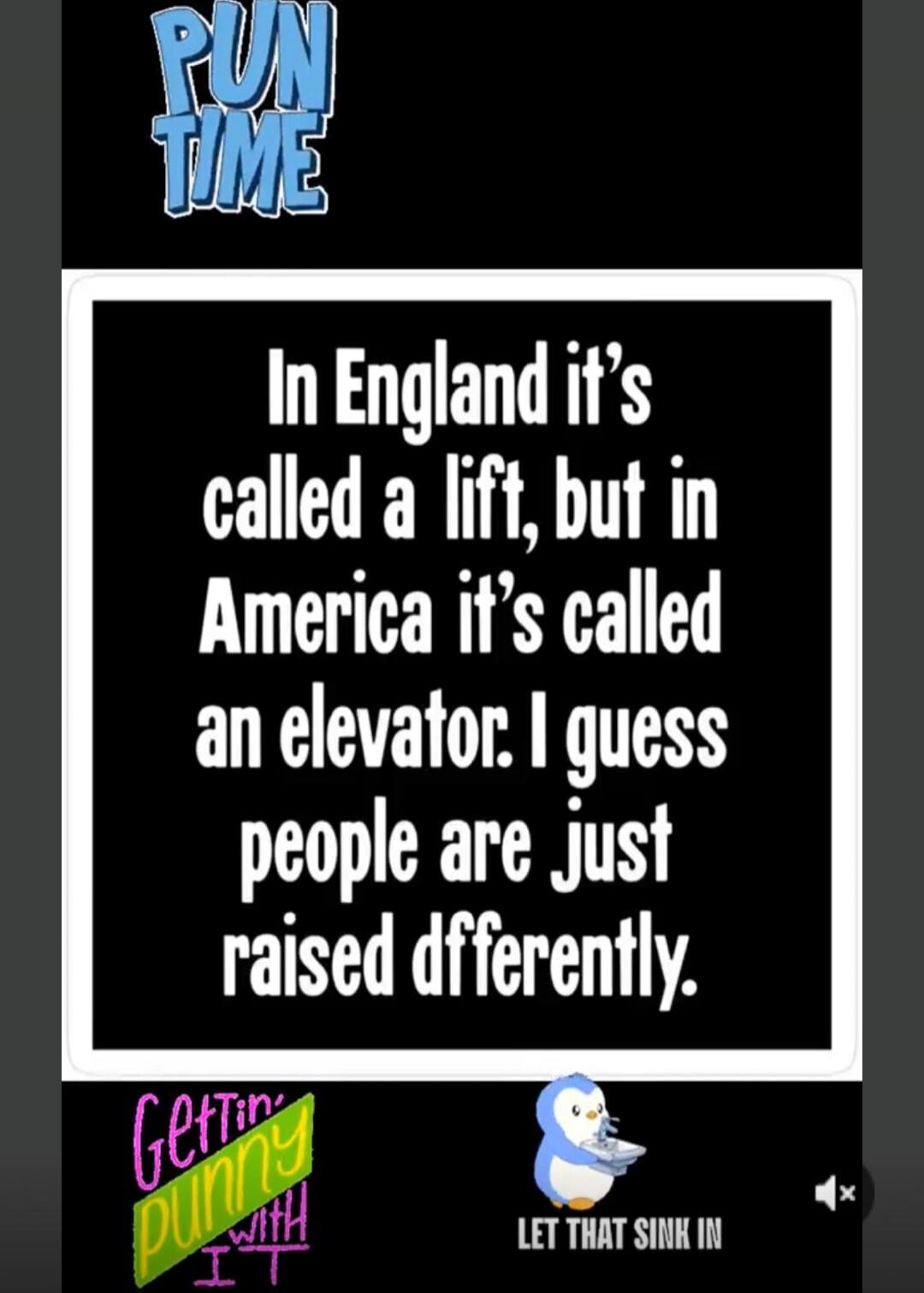 PUN TIME. In England it's called a lift, but in America it's called an elevator. I guess people are just raised differently. GETTIN' PUNNY WITH IT. LET THAT SINK IN.