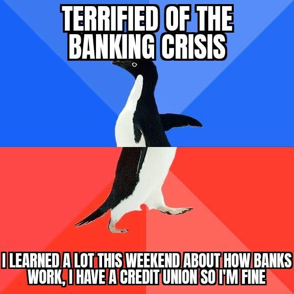TERRIFIEDOFATHE BANKINGCRISIS J LERRNED A LOT THISWEEKENDABOUT HOW BANKS WORKI HAVEACREDITUNION SOIiM FINE