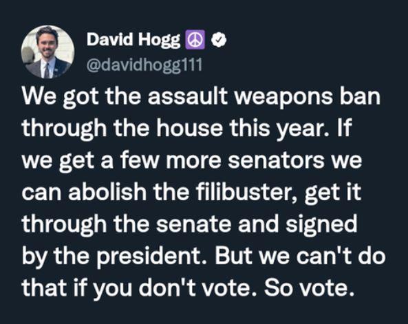 David Hogg davidhogg111 We got the assault weapons ban RO R G R IV EER G ERVEE T we get a few more senators we can abolish the filibuster get it LTIV R G ERTE BT T R T VA RS Tt A 1V VR i e o that if you dont vote So vote
