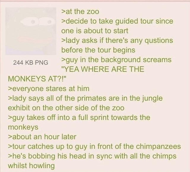 010921Sat212246 No844438848 at the zoo decide to take guided tour since one is about to start lady asks if theres any qustions before the tour begins 24akgpPNG 9uy in the background screams YEA WHERE ARE THE MONKEYS AT everyone stares at him lady says all of the primates are in the jungle exhibit on the other side of the zoo guy takes off into a full sprint towards the monkeys about an hour later 