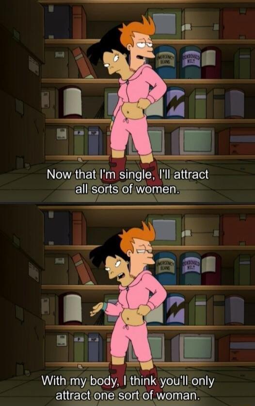 Now that I'm single, I'll attract all sorts of women. With my body, I think you'll only attract one sort of woman.