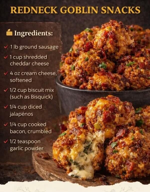 REDNECK GOBLIN SNACKS Ingredients: 1 lb ground sausage 1 cup shredded cheddar cheese 4 oz cream cheese, softened 1/2 cup biscuit mix (such as Bisquick) 1/4 cup diced jalapeños 1/4 cup cooked bacon, crumbled 1/2 teaspoon garlic powder