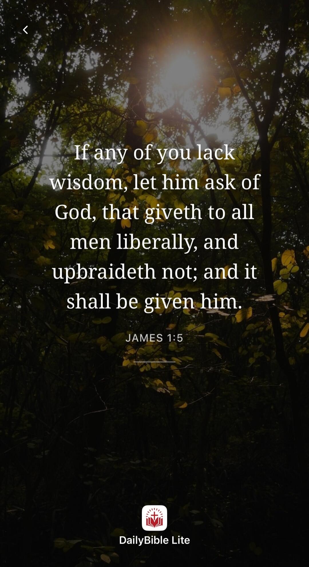 If any of you lack wisdom, let him ask of God, that giveth to all men liberally, and upbraideth not; and it shall be given him. JAMES 1:5 DailyBible Lite