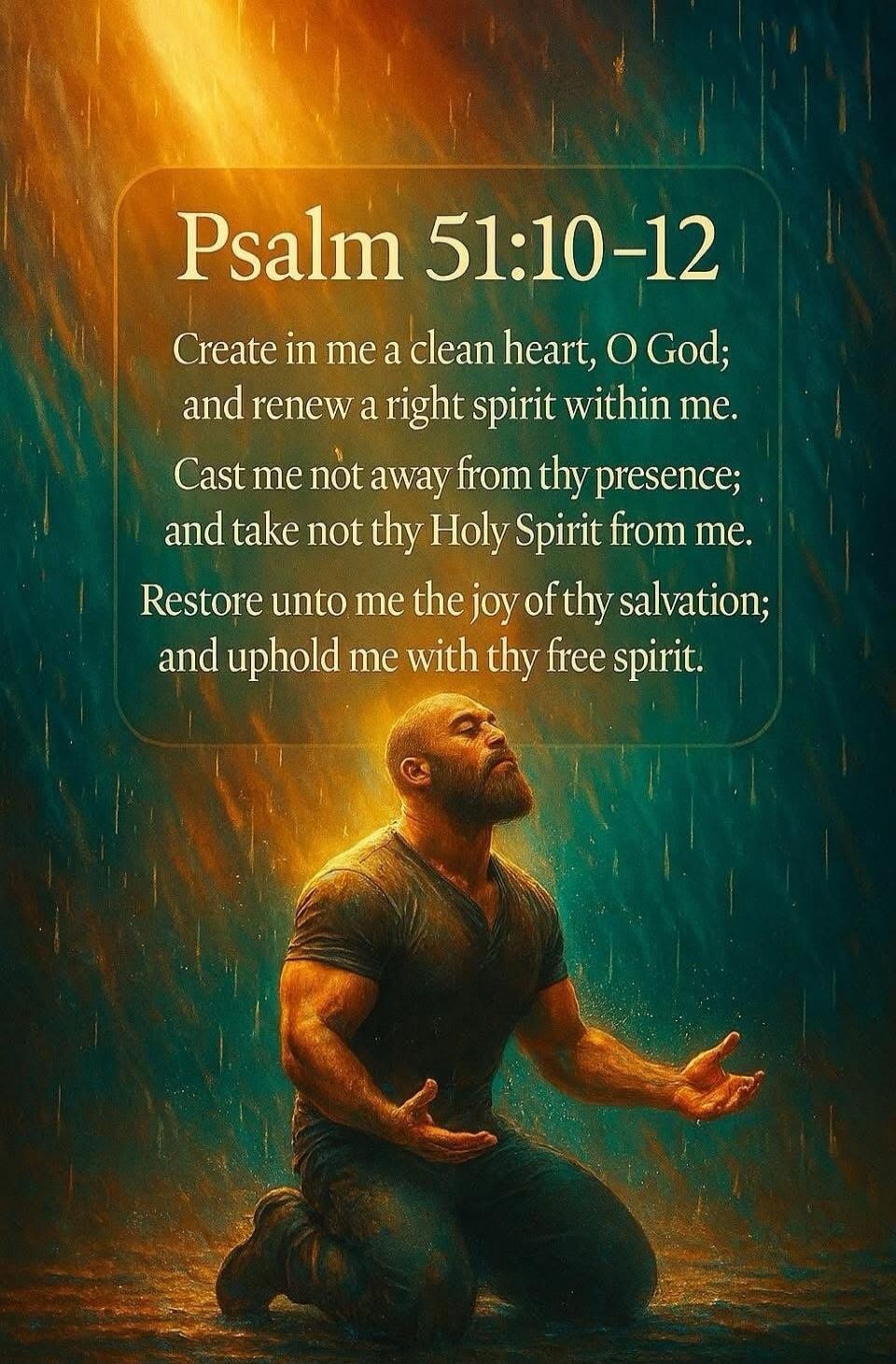 Psalm 51:10-12
Create in me a clean heart, O God;
and renew a right spirit within me.
Cast me not away from thy presence;
and take not thy Holy Spirit from me.
Restore unto me the joy of thy salvation;
and uphold me with thy free spirit.