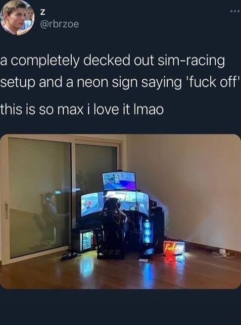 gy rbrzoe cRelolaalocI VAo Slel i Te Re V SI B Tellple setup and a neon sign saying fuck off this is so max i love it Imao