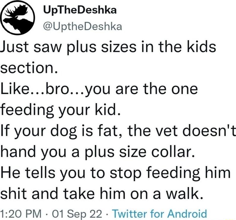 UpTheDeshka UptheDeshka Just saw plus sizes in the kids section Likebroyou are the one feeding your kid If your dog is fat the vet doesnt hand you a plus size collar He tells you to stop feeding him shit and take him on a walk 120 PM 01 Sep 22 Twitter for Android