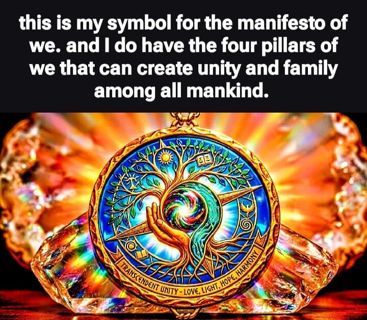 this is my symbol for the manifesto of we. and I do have the four pillars of we that can create unity and family among all mankind. TRANSCENDENT UNITY - LOVE, LIGHT, HOPE, HARMONY