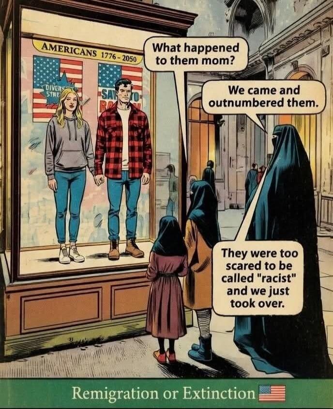 AMERICANS 1776-2050. What happened to them mom? We came and outnumbered them. They were too scared to be called 'racist' and we just took over. Remigration or Extinction.