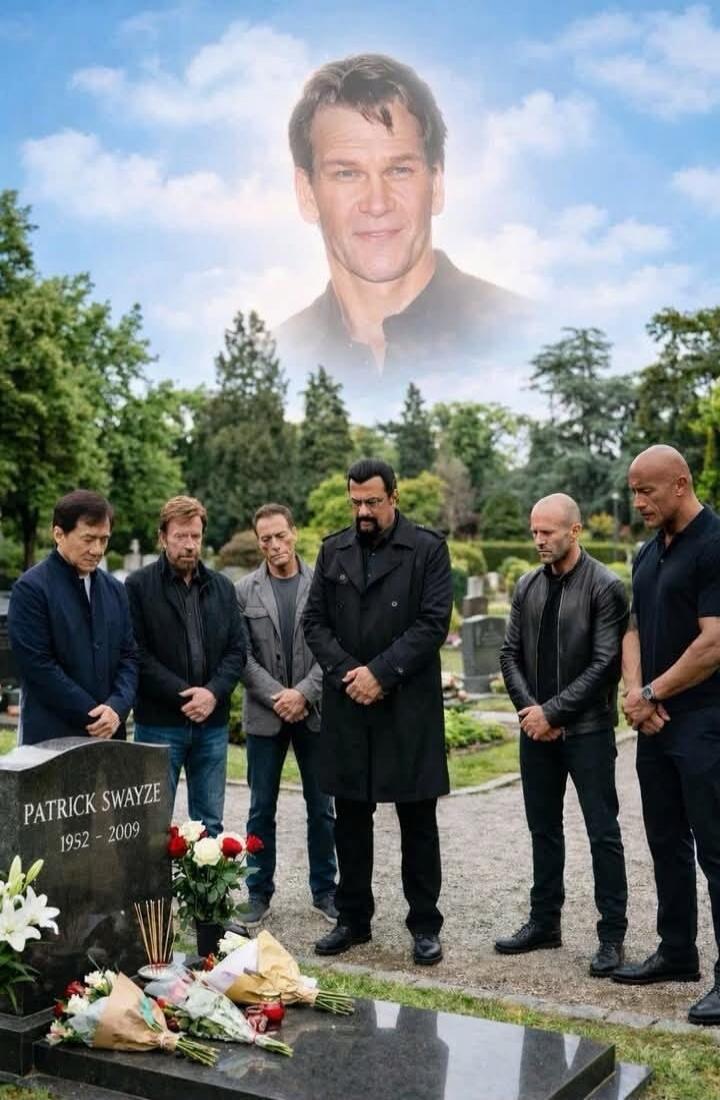 PATRICK SWAYZE 1952 - 2009. A group of famous action movie actors, including Jackie Chan, Chuck Norris, Jean-Claude Van Damme, Steven Seagal, Jason Statham, and Dwayne 'The Rock' Johnson, are gathered around a tombstone in a cemetery. Above them, in the sky, is a faded image of Patrick Swayze, suggesting a memorial or tribute.