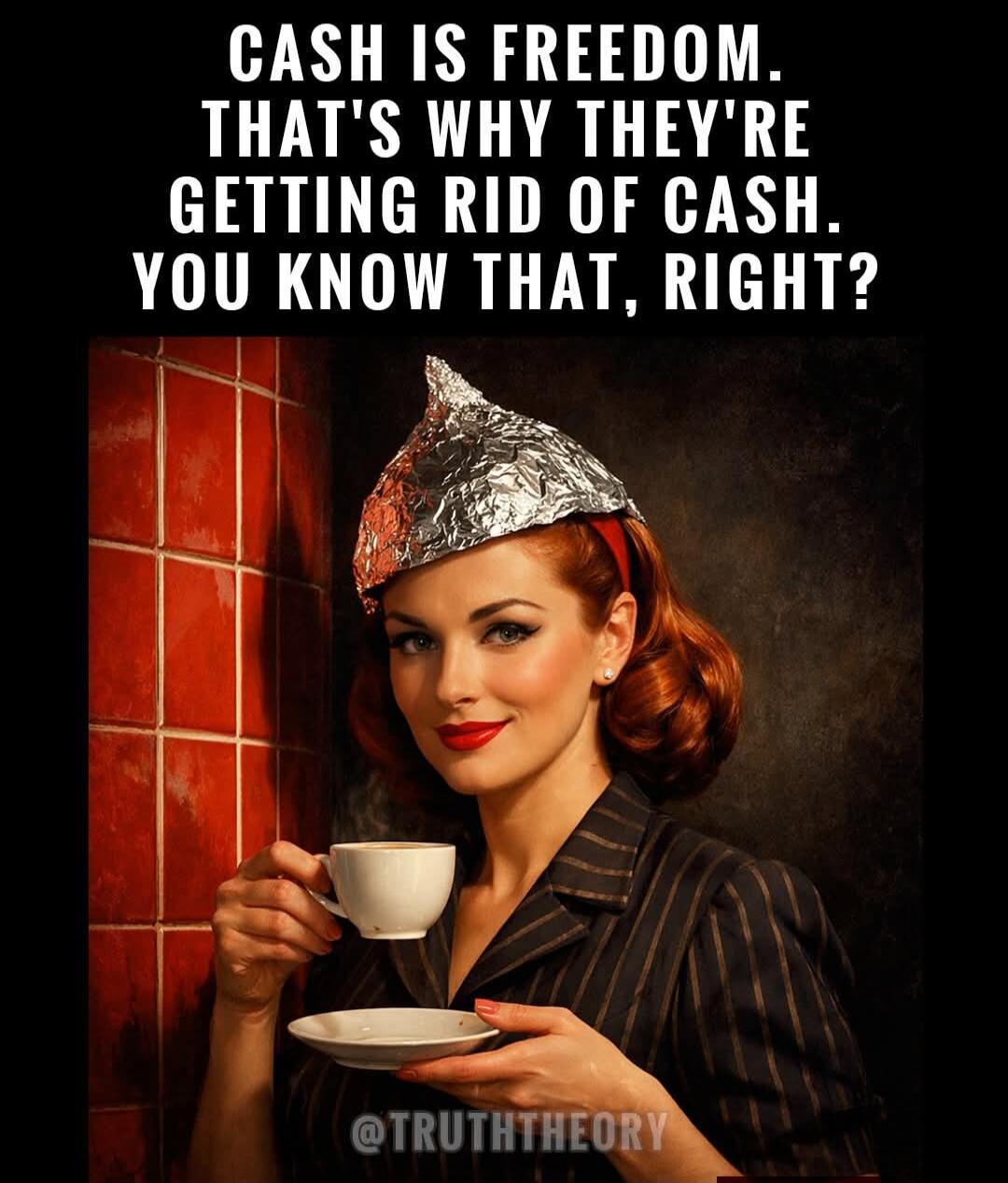 CASH IS FREEDOM. THAT'S WHY THEY'RE GETTING RID OF CASH. YOU KNOW THAT, RIGHT? @TRUTHTHEROY [Note: The watermark reads '@TRUTHTHEORY']