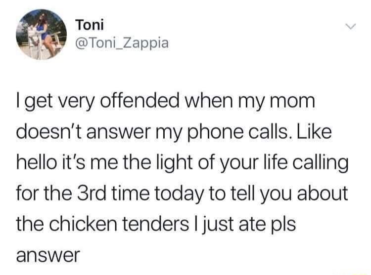 Toni L Toni_Zappia i get very offended when my mom doesnt answer my phone calls Like hello its me the light of your life calling for the 3rd time today to tell you about the chicken tenders just ate pls answer