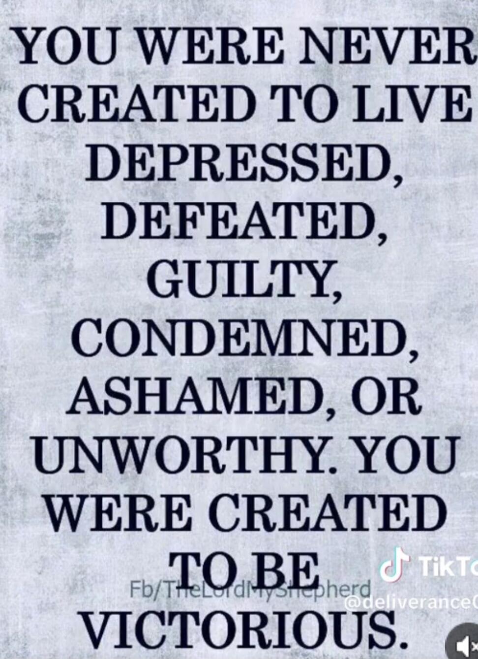 YOU WERE NEVER CREATED TO LIVE DEPRESSED, DEFEATED, GUILTY, CONDEMNED, ASHAMED, OR UNWORTHY. YOU WERE CREATED TO BE VICTORIOUS.