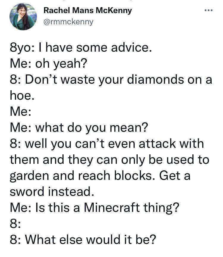 Y Rachel Mans McKenny rmmckenny 8yo have some advice Me oh yeah 8 Dont waste your diamonds on a hoe Me Me what do you mean 8 well you cant even attack with them and they can only be used to garden and reach blocks Get a sword instead Me Is this a Minecraft thing 8 8 What else would it be