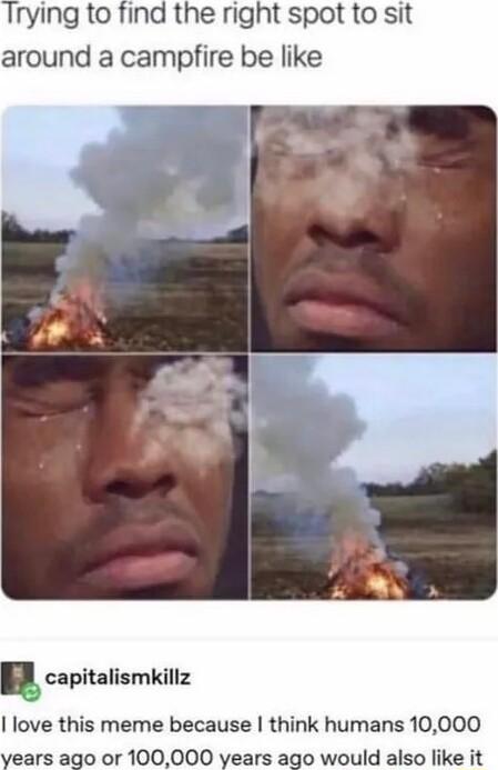 Trying to find the right spot to sit around a campfire be like capitalismkillz love this meme because think humans 10000 rears ago or 100000 years ago would also like it