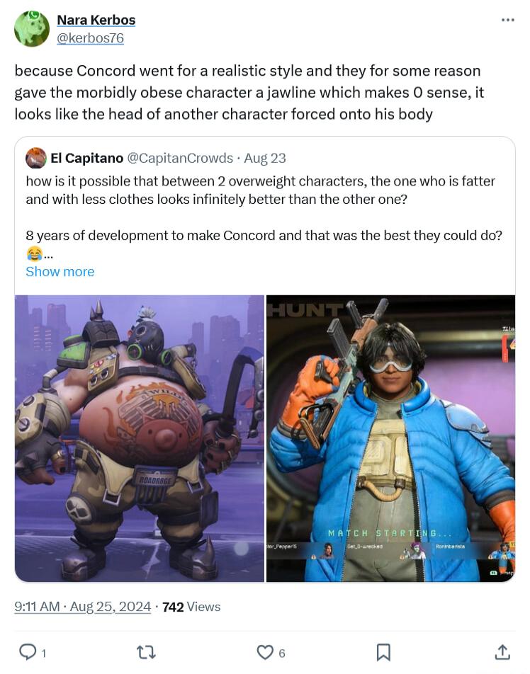 NaraKerbos kerbos7s because Concord went for a realistic style and they for some reason gave the morbidly obese character a jawline which makes O sense it looks like the head of another character forced onto his body eicapitano howis t possible that between 2 overweight characters the one who s fatter and withless clothes looks infinitely better than the other one 8years of development to make Con