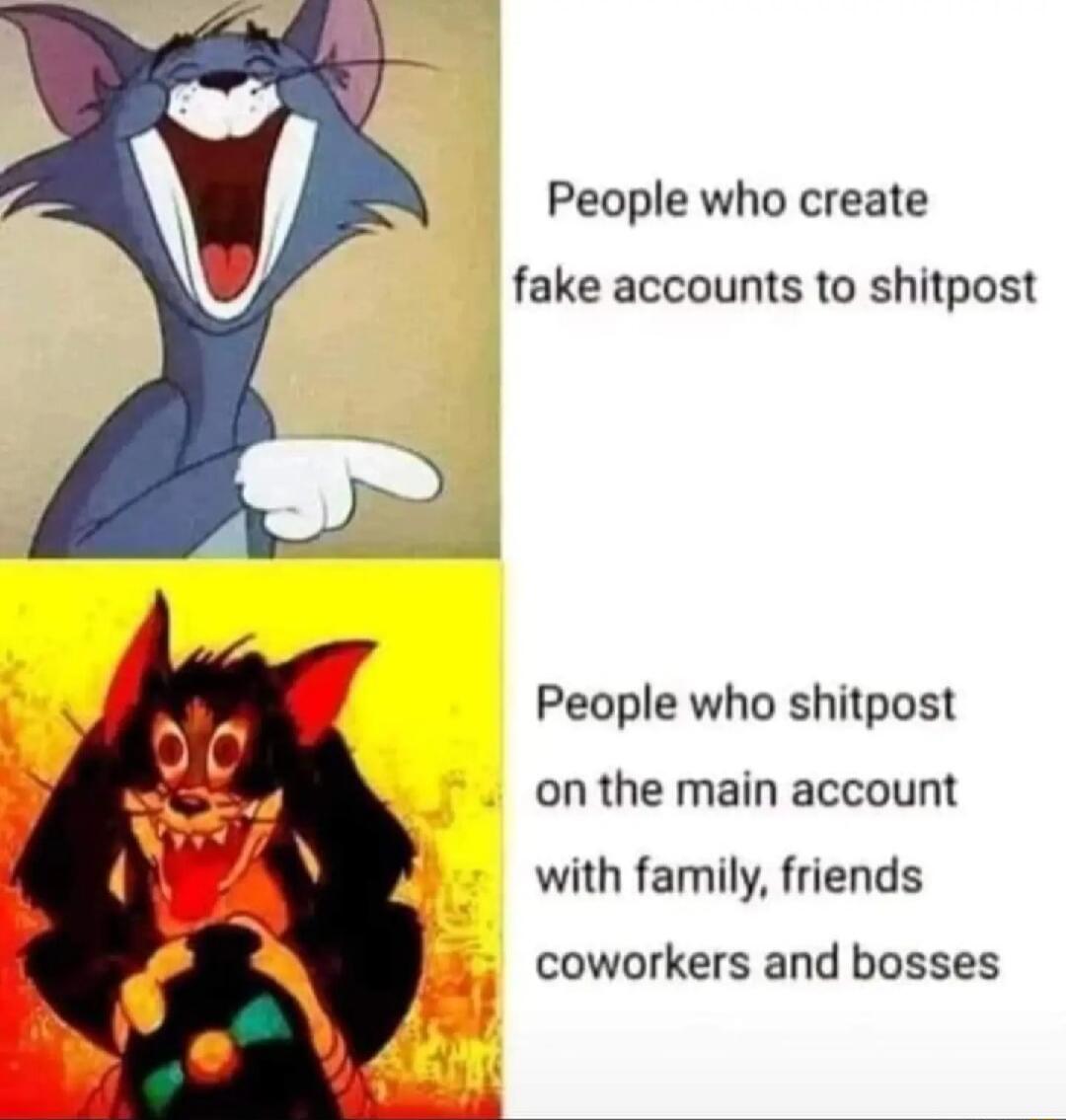 People who create fake accounts to shitpost People who shitpost on the main account with family friends coworkers and bosses