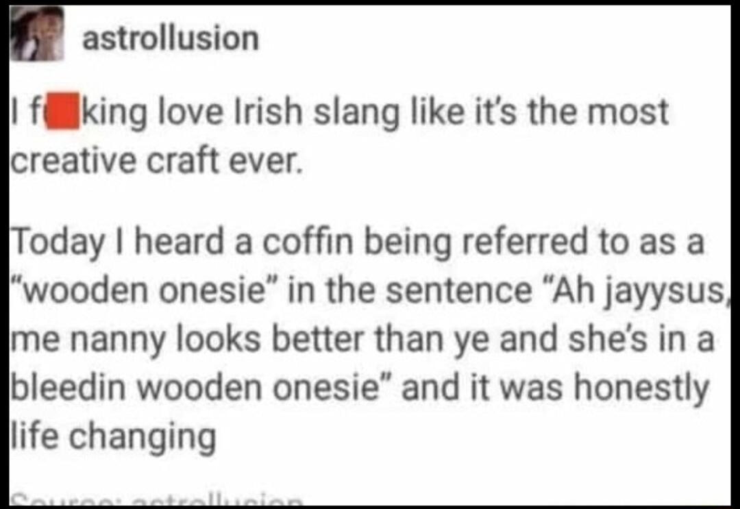 astrollusion fillking love Irish slang like its the most creative craft ever Today heard a coffin being referred to as a wooden onesie in the sentence Ah jayysus Ime nanny looks better than ye and shes in a bleedin wooden onesie and it was honestly life changing