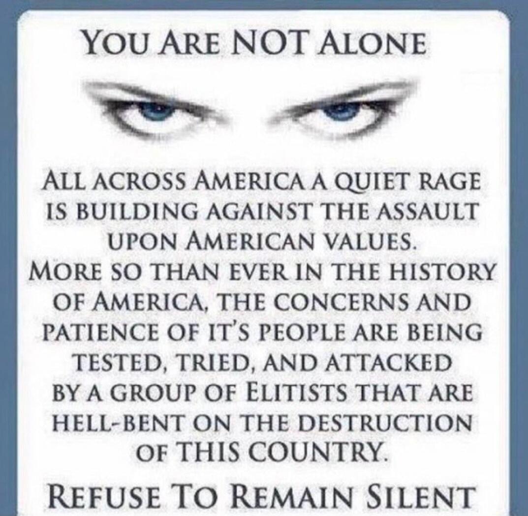 YOU ARE NOT ALONE ALL ACROSS AMERICA A QUIET RAGE IS BUILDING AGAINST THE ASSAULT UPON AMERICAN VALUES. MORE SO THAN EVER IN THE HISTORY OF AMERICA, THE CONCERNS AND PATIENCE OF IT'S PEOPLE ARE BEING TESTED, TRIED, AND ATTACKED BY A GROUP OF ELITISTS THAT ARE HELL-BENT ON THE DESTRUCTION OF THIS COUNTRY. REFUSE TO REMAIN SILENT