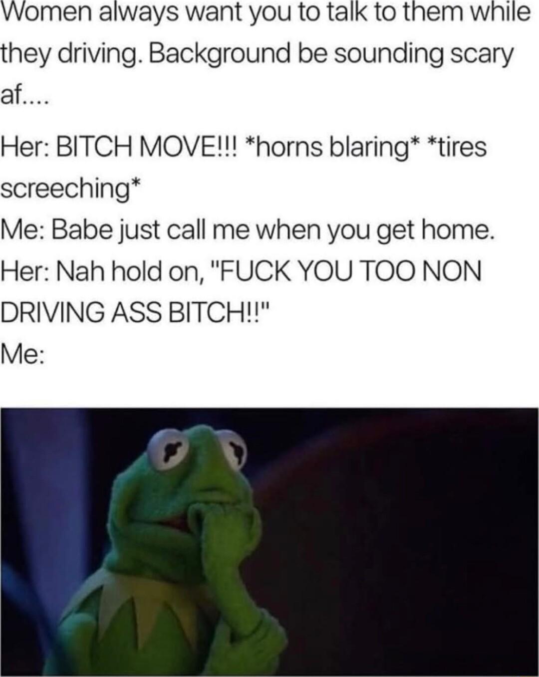 vvomen always want you to talk to them while they driving Background be sounding scary af Her BITCH MOVE horns blaring tires screeching Me Babe just call me when you get home Her Nah hold on FUCK YOU TOO NON DRIVING ASS BITCH Me