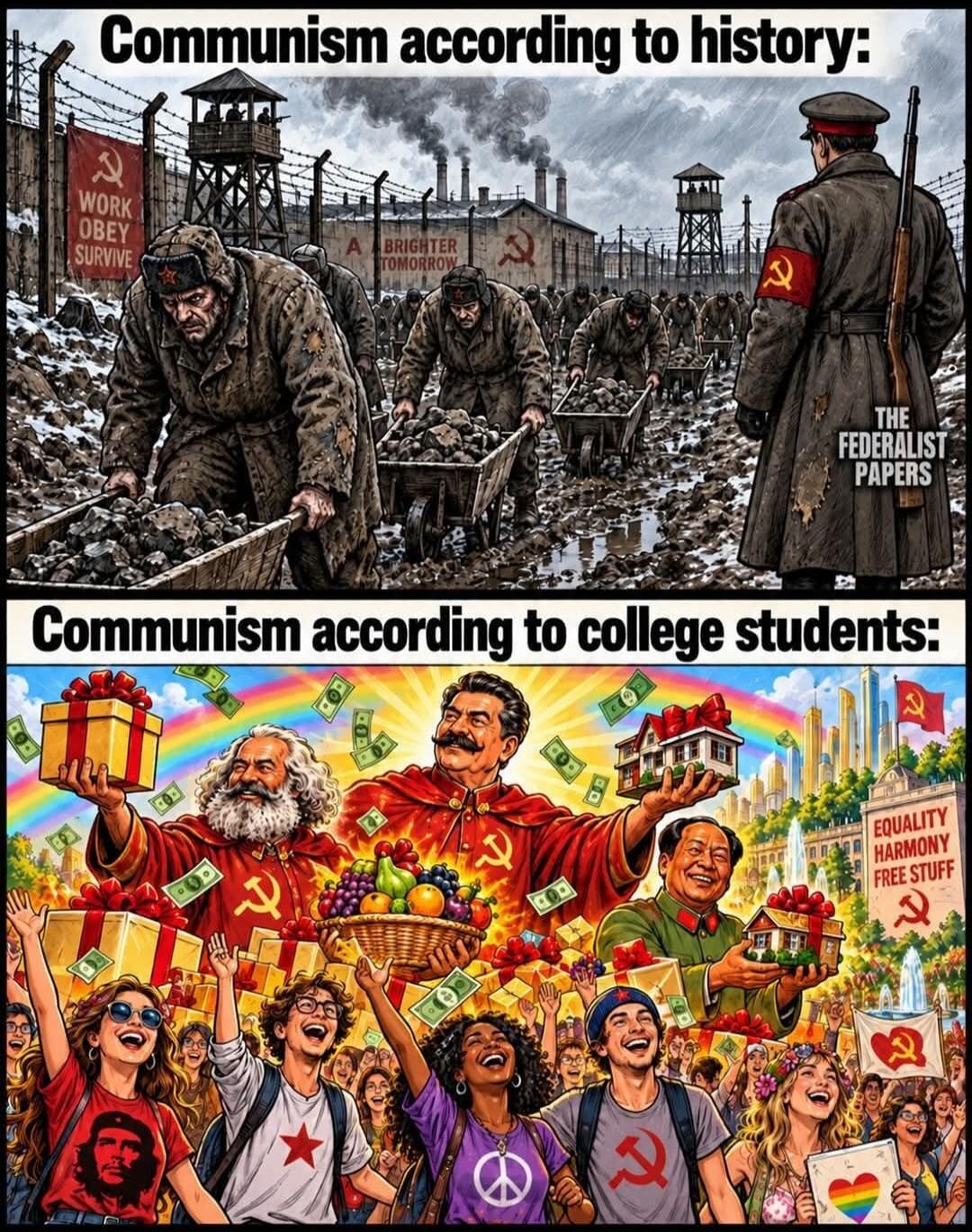 Communism according to history: WORK OBEY SURVIVE A BRIGHTER TOMORROW THE FEDERALIST PAPERS Communism according to college students: EQUALITY HARMONY FREE STUFF