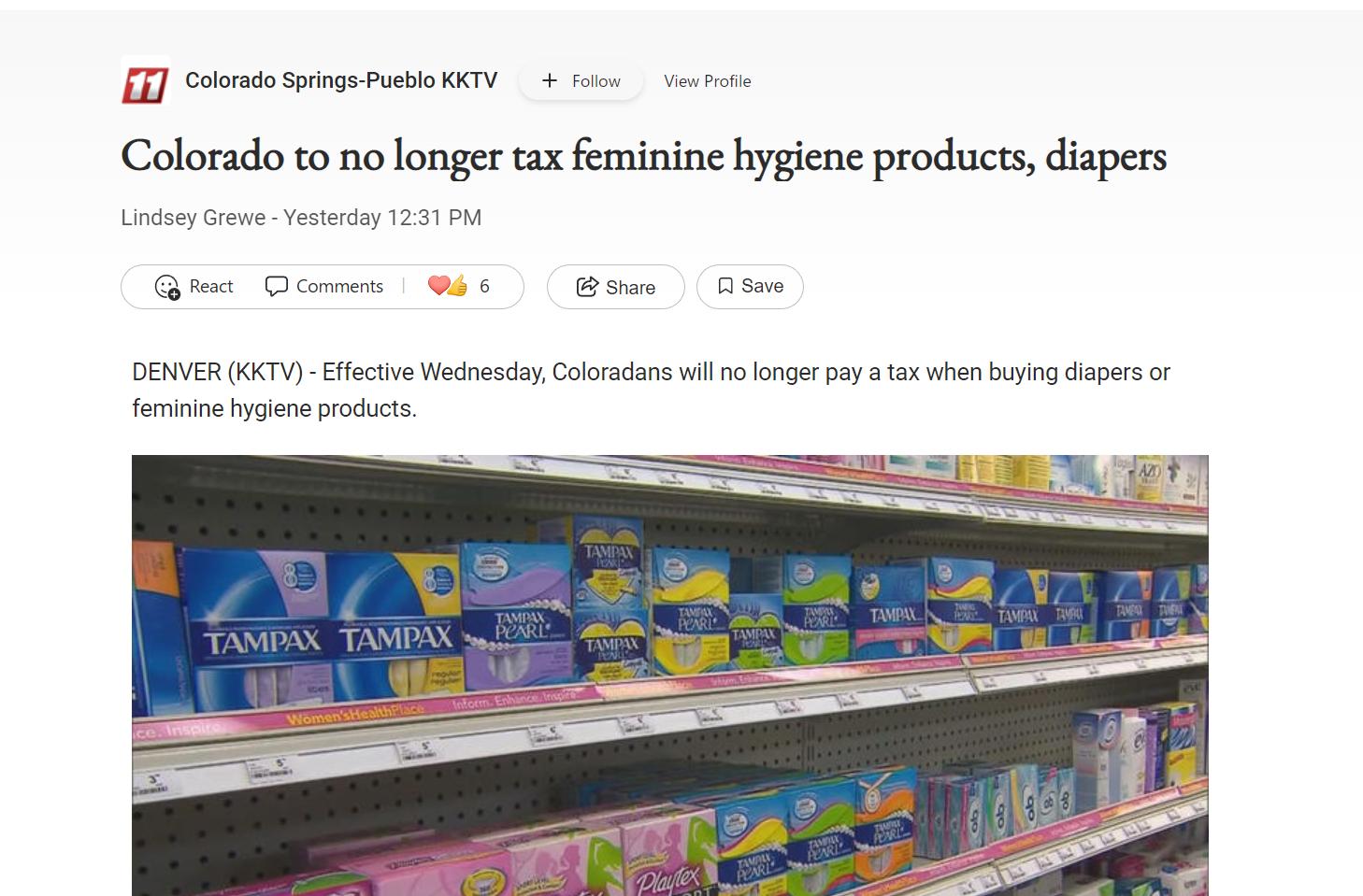 coons s i 1 Colorado to no longer tax feminine hygiene producrs diapers v i Gl i g oy s when b s