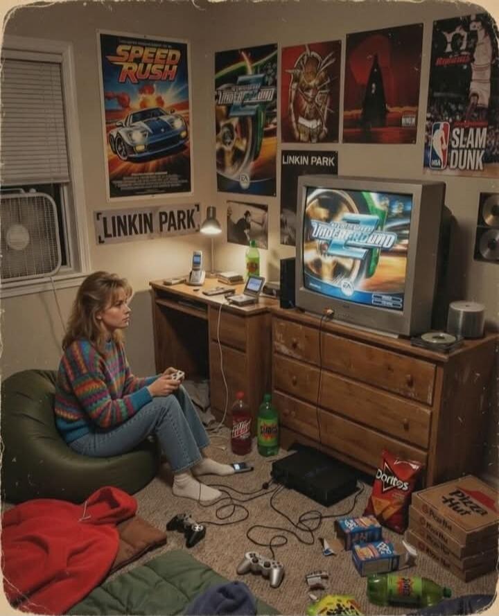  posters on the wall include SPEED RUSH, LINKIN PARK, SLAM DUNK. A girl sits in a chair playing a video game on a CRT television. There are various posters on the wall, a dresser with a TV, bottles and cans on the floor, snacks like Doritos, boxes of chips, and cables scattered around. The room has a retro gaming vibe with multiple consoles and con