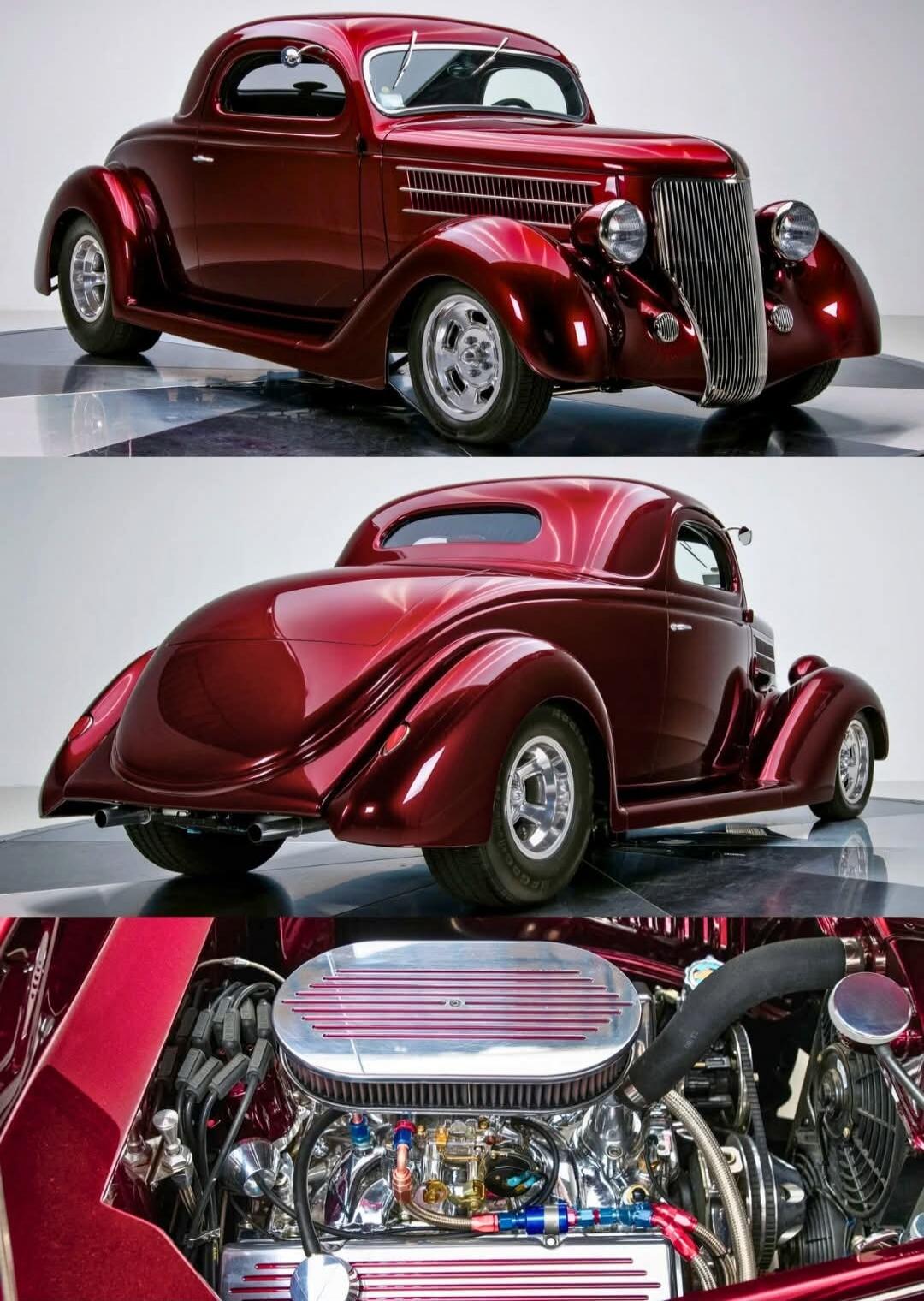 Classic red vintage car shown from multiple angles (front, side, engine close-up).