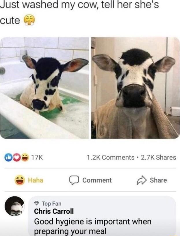 Just washed my cow tell her shes cute 9 0 17k 12K Comments 27K Shares comment Share TopFan Chris Carroll Good hygiene is important when preparing your meal