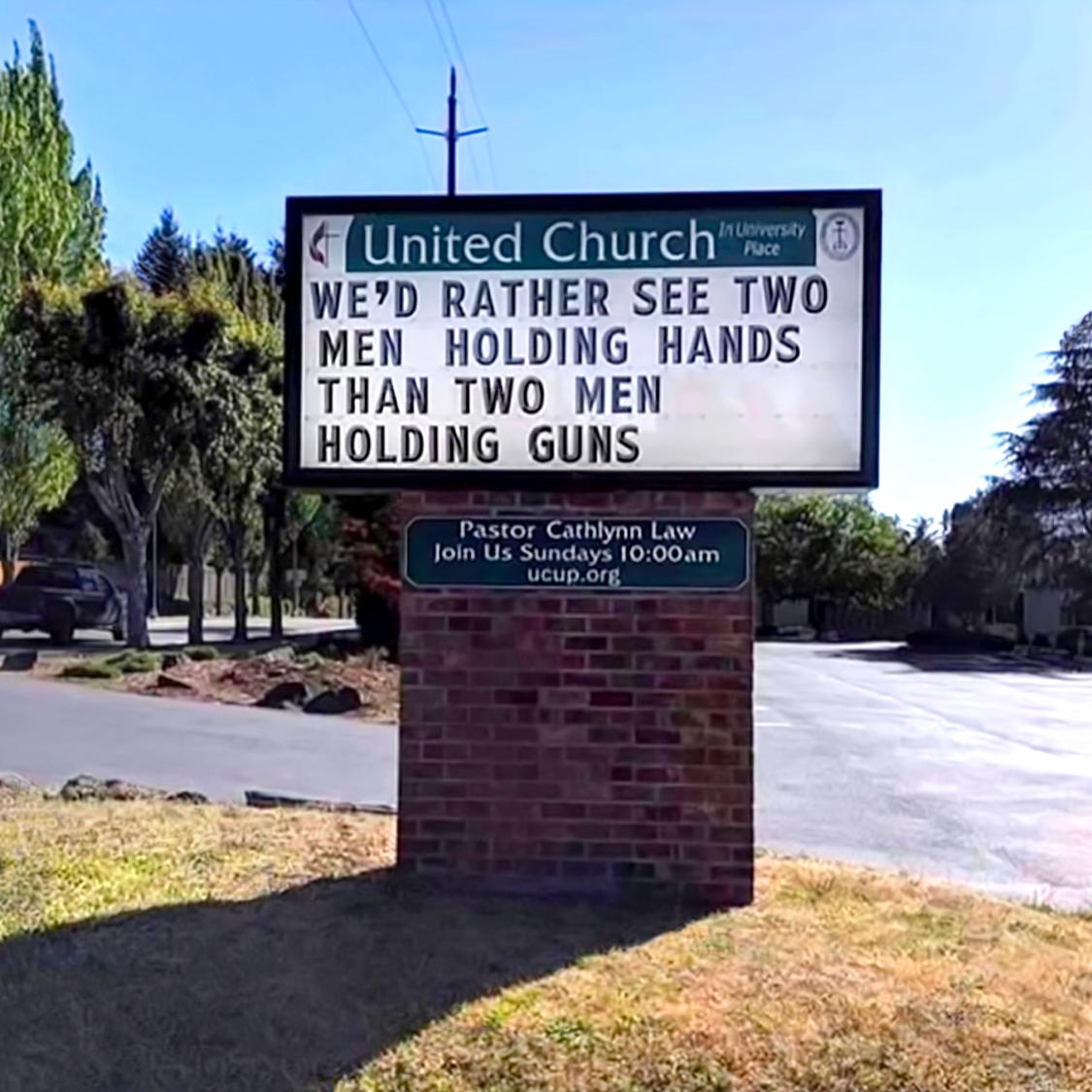 d United Church WED RATHER SEE TWO o MEN HOLDING HANDS THAN TWO MEN HOLDING GUNS UCEIC TR TV T Y Join Us Sundays 1000am ucuporg