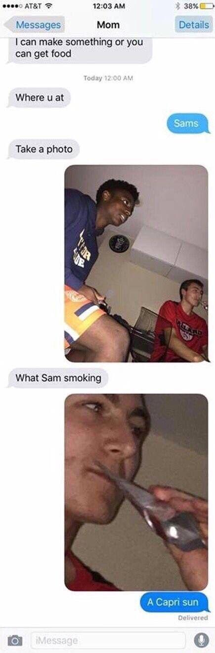 o000 ATET T 1203 AM 38ED Messages Mom can make something or you can get food Where u at Take a photo What Sam smoking