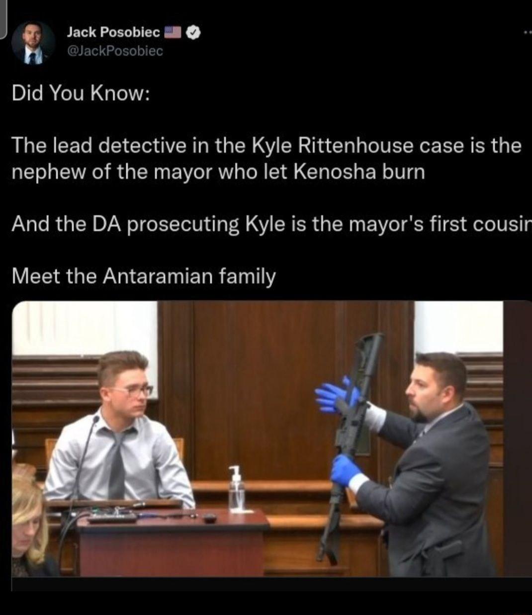 J Jack Posobiec il Did You Know The lead detective in the Kyle Rittenhouse case is the nephew of the mayor who let Kenosha burn And the DA prosecuting Kyle is the mayors first cousir VR GERETETNIE R Tl