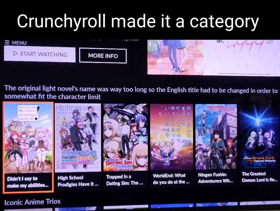 Crunchyroll made it a category _ The orginal light novers name was way t0o long o the Englis it had to b changed in order to somewhat ft the character init conic Anime Tos