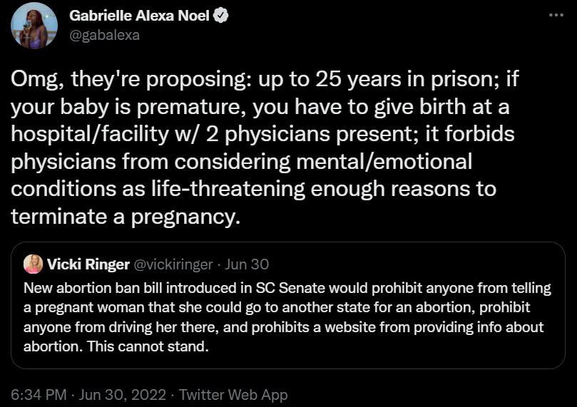 m rioete o Omg theyre proposing up to 25 years in prison if your baby is premature you have to give birth at a hospitalfacility w 2 physicians present it forbids physicians from considering mentalemotional conditions as life threatening enough reasons to terminate a pregnancy introduced in SC Senate would profibit anyone from telling 2 prognant woman that she could g0 to another state for an abort