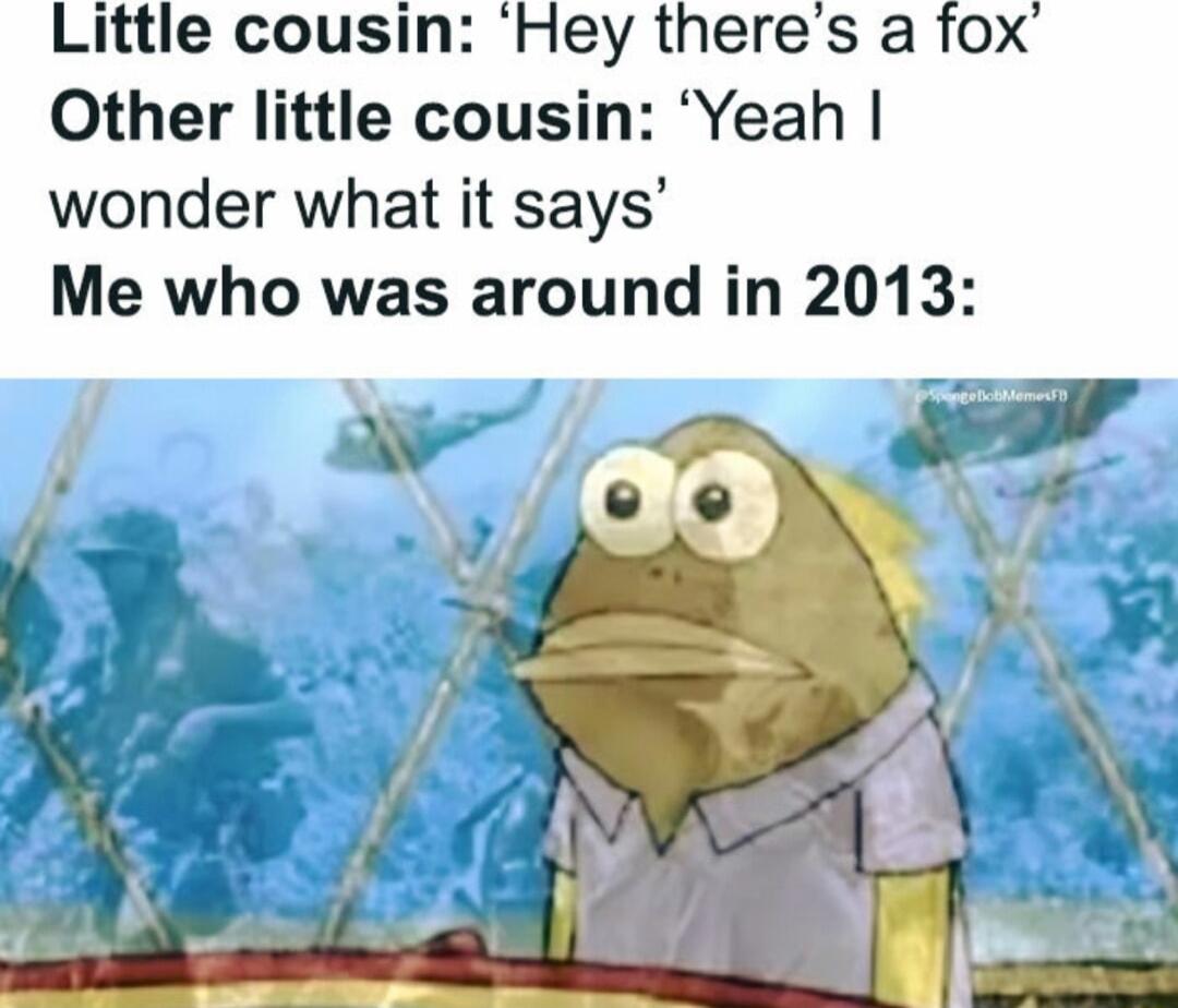 Little cousin Hey theres a fox Other little cousin Yeah wonder what it says Me who was around in 2013
